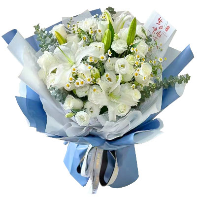 哈尔滨11朵白玫瑰桔梗百合，爱永恒不息