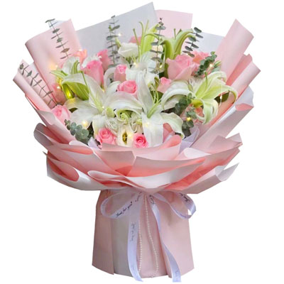 哈尔滨16朵粉玫瑰百合，感情稳定坚固